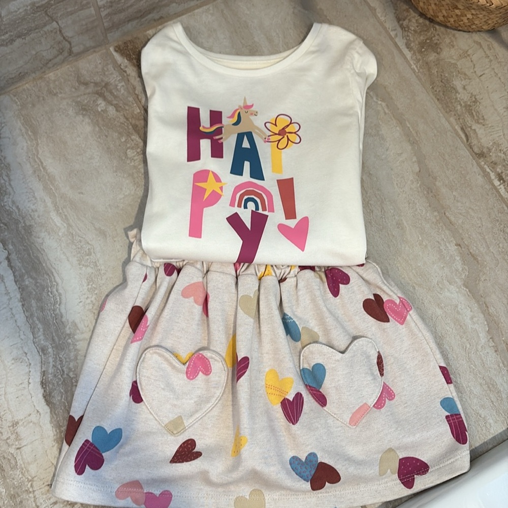 Girls Happy Unicorn, Rainbow, Hearts Matching Skort Set, Long Sleeve, Garanimals